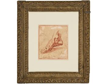 MICHELANGELO BUONARROTI (CAPRESE 1475-1564 ROME)
Study for a foot of the Libyan Sibyl (recto); Study of a leg with knee bent (verso)
with ink inscription 'Michel Angelo Buana Roti' (lower left)
red chalk (recto); black chalk (verso)
5 ¼ x 4 5⁄8 in. (13.5 x 11.5 cm)