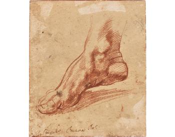 MICHELANGELO BUONARROTI (CAPRESE 1475-1564 ROME)
Study for a foot of the Libyan Sibyl (recto); Study of a leg with knee bent (verso)
with ink inscription 'Michel Angelo Buana Roti' (lower left)
red chalk (recto); black chalk (verso)
5 ¼ x 4 5⁄8 in. (13.5 x 11.5 cm)